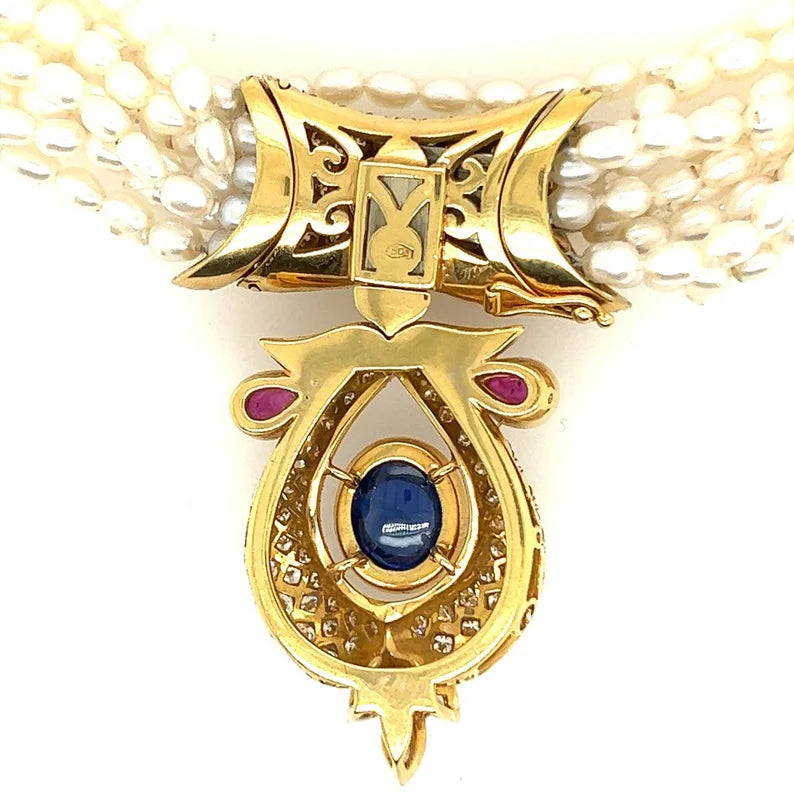 GIA Certified 14 Carat Natural Diamond and Blue Sapphire Cab Necklace Circa 1950