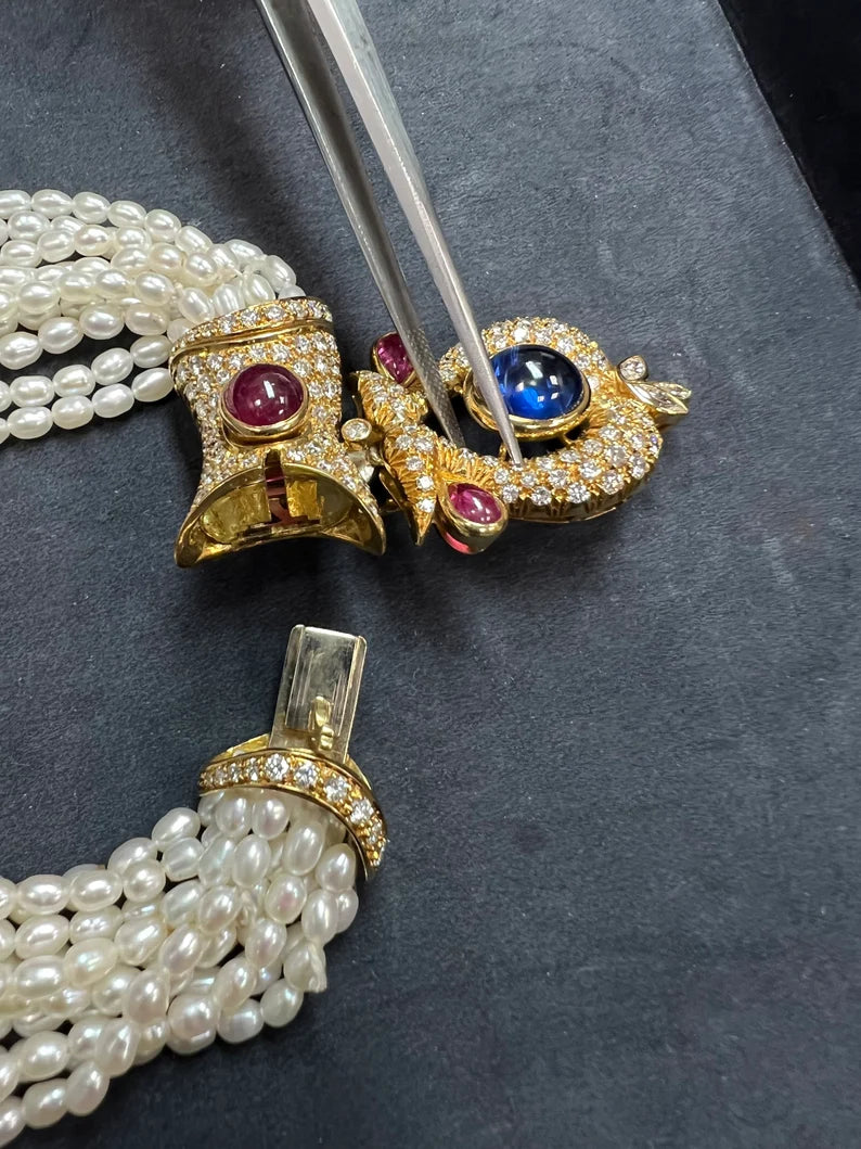 GIA Certified 14 Carat Natural Diamond and Blue Sapphire Cab Necklace Circa 1950