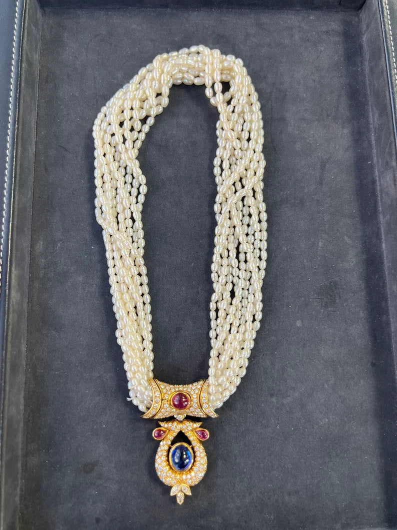 GIA Certified 14 Carat Natural Diamond and Blue Sapphire Cab Necklace Circa 1950
