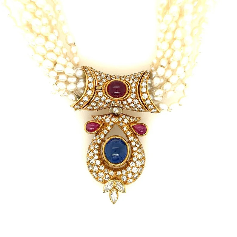 GIA Certified 14 Carat Natural Diamond and Blue Sapphire Cab Necklace Circa 1950
