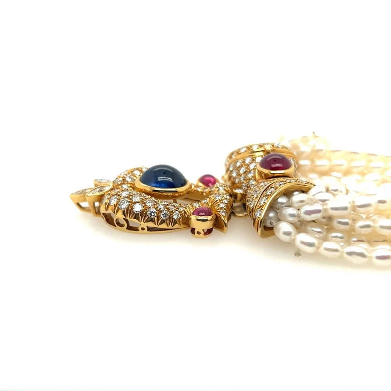 GIA Certified 14 Carat Natural Diamond and Blue Sapphire Cab Necklace Circa 1950