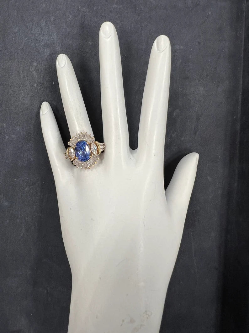 Retro Gold 6.77 Carat Certified Natural Blue Sapphire Diamond Cocktail Ring 1960