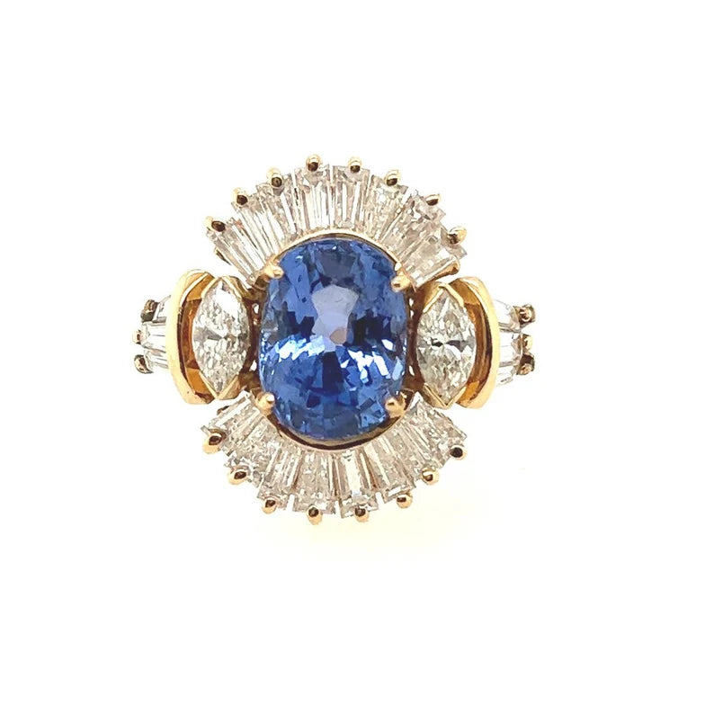 Retro Gold 6.77 Carat Certified Natural Blue Sapphire Diamond Cocktail Ring 1960