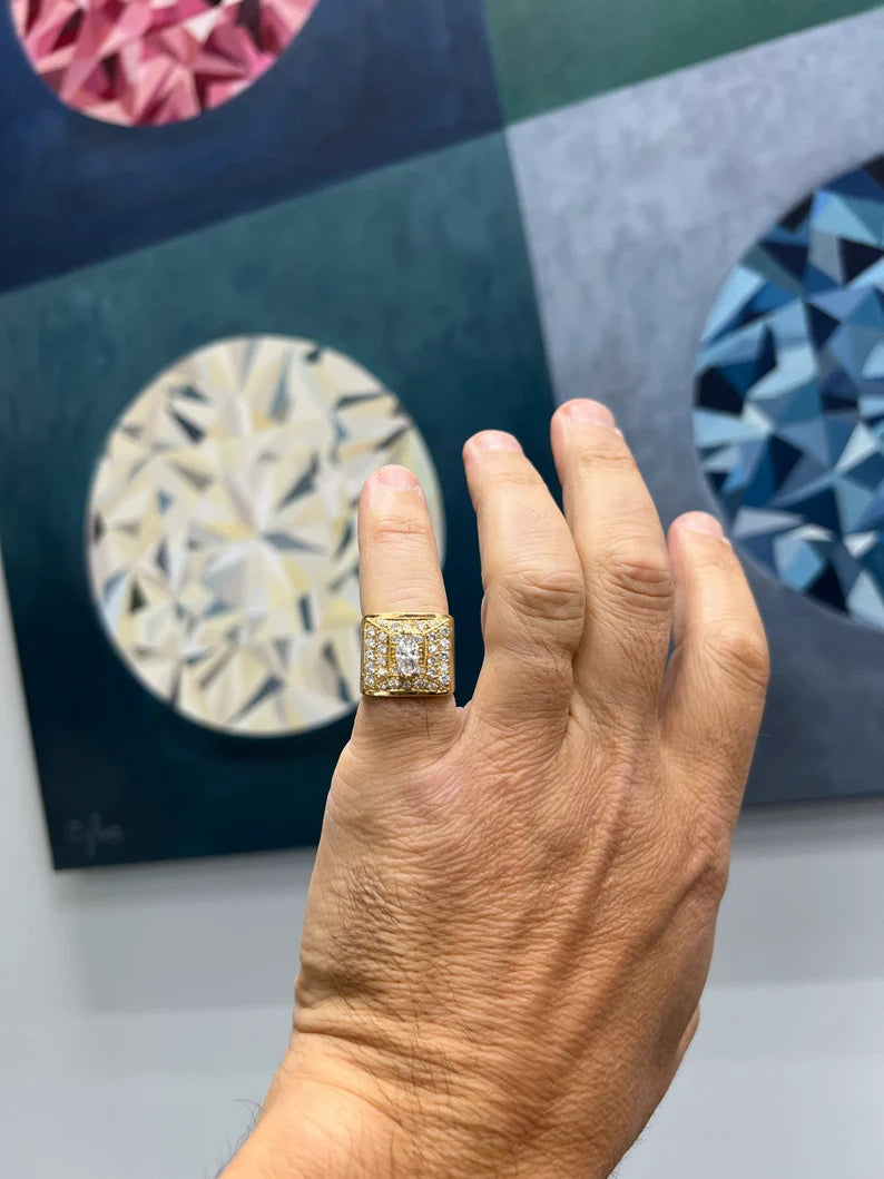 Retro Gold Mens 1.67 Carat Natural Marquise and Round Diamond Cocktail Ring 1970