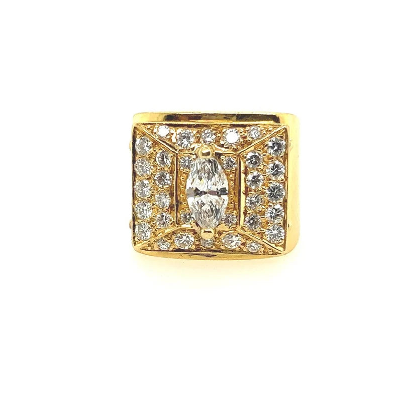 Retro Gold Mens 1.67 Carat Natural Marquise and Round Diamond Cocktail Ring 1970