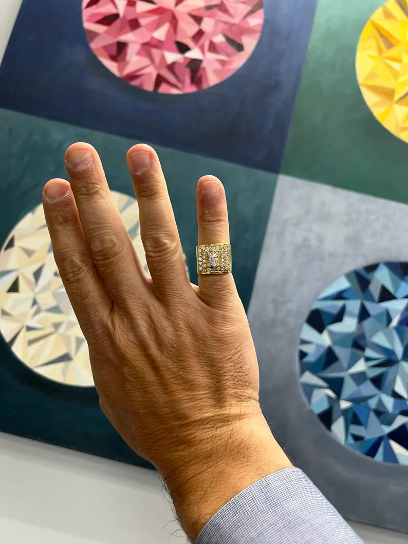 Retro Gold Mens 1.67 Carat Natural Marquise and Round Diamond Cocktail Ring 1970