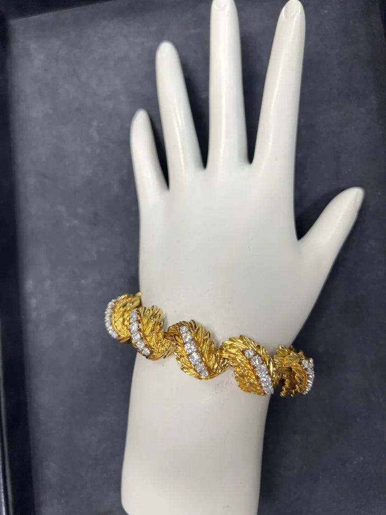 Retro French 6.04 Carat Natural Diamond and Gold Bracelet Earring Set Circa 1960