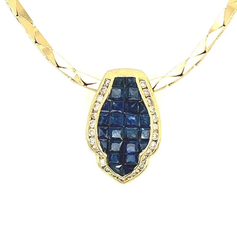 Retro Gold 2.92 Carat Natural Blue Sapphire and Round Diamond Pendant Circa 1960