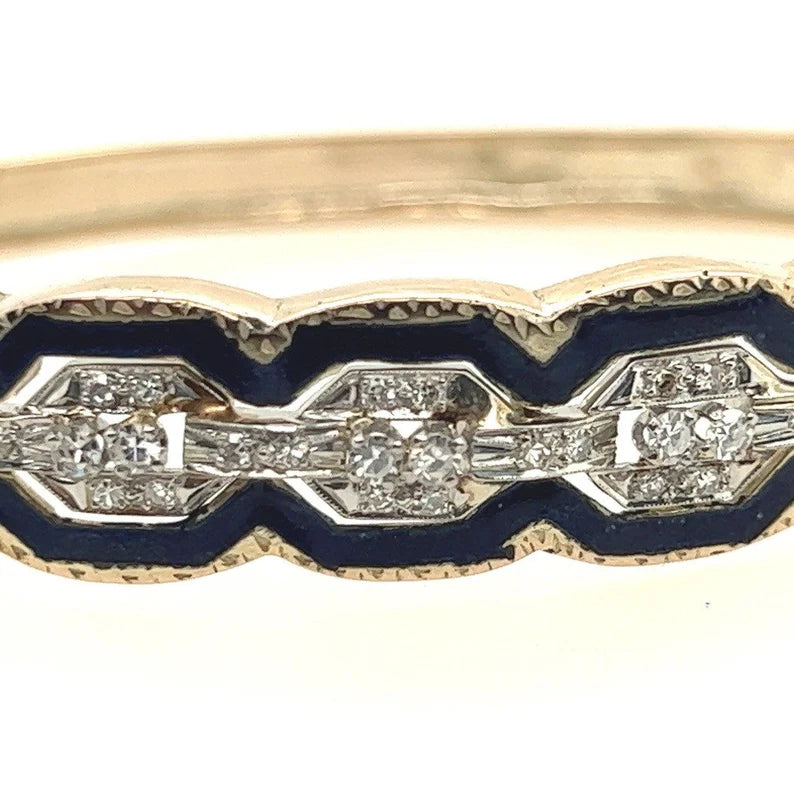Retro Gold 0.75 Carat Natural Single Cut Diamond & Blue Enamel Bangle Circa 1960