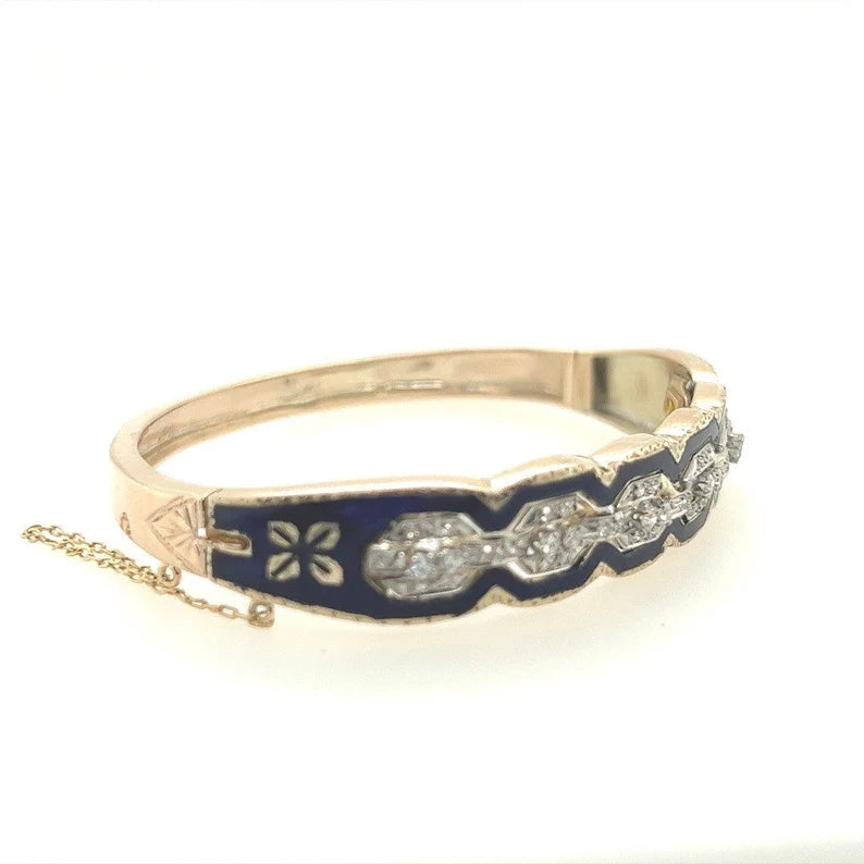 Retro Gold 0.75 Carat Natural Single Cut Diamond & Blue Enamel Bangle Circa 1960