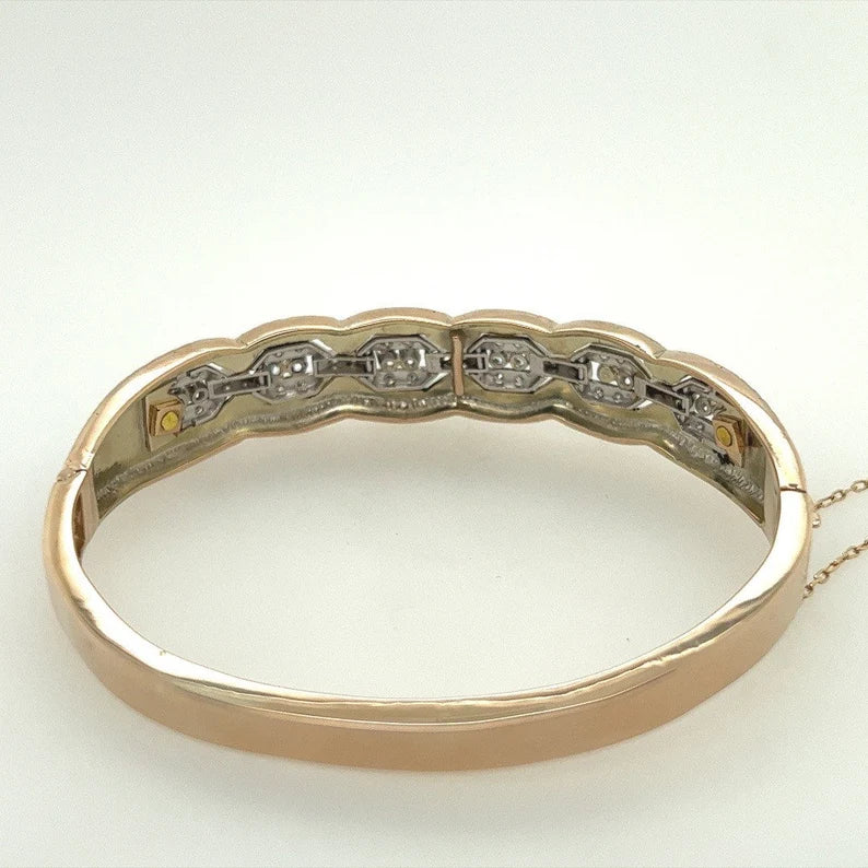 Retro Gold 0.75 Carat Natural Single Cut Diamond & Blue Enamel Bangle Circa 1960