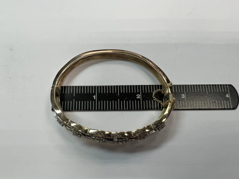 Retro Gold 0.75 Carat Natural Single Cut Diamond & Blue Enamel Bangle Circa 1960