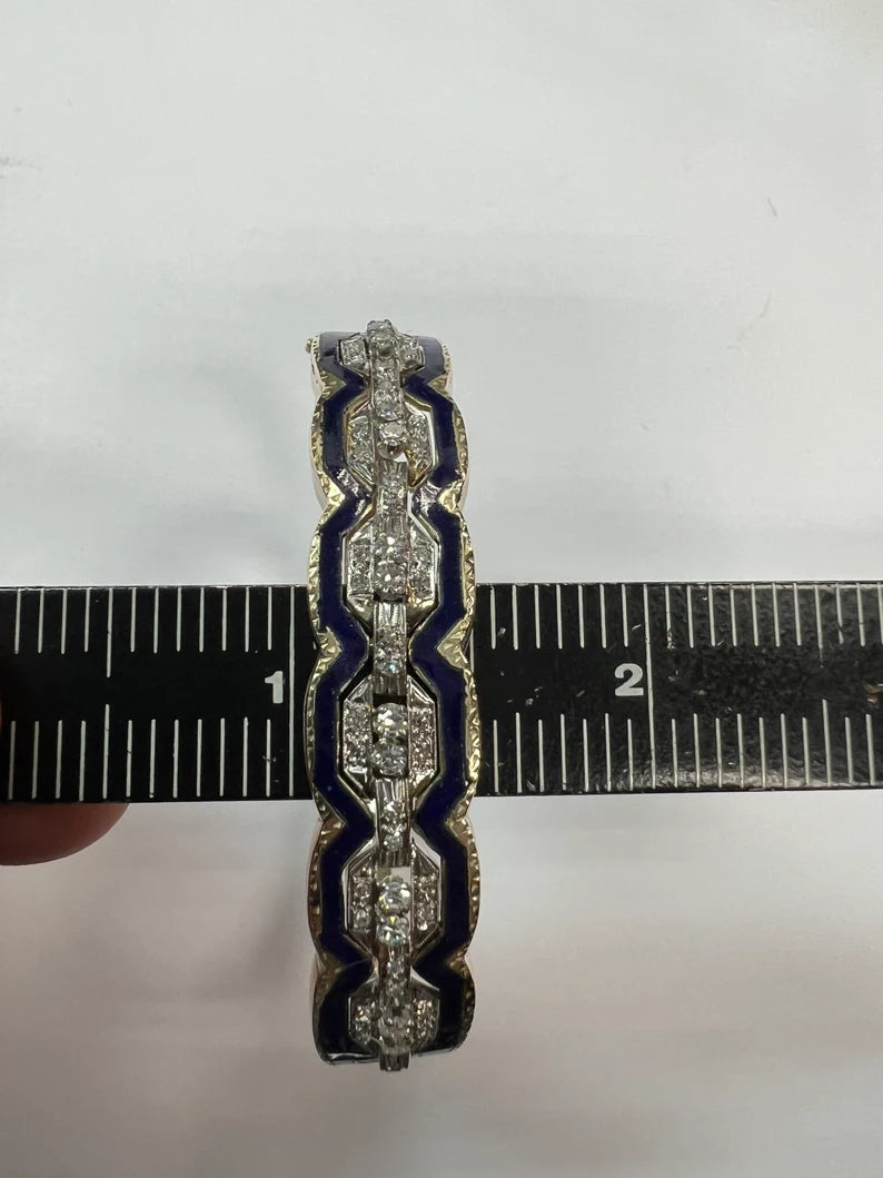 Retro Gold 0.75 Carat Natural Single Cut Diamond & Blue Enamel Bangle Circa 1960