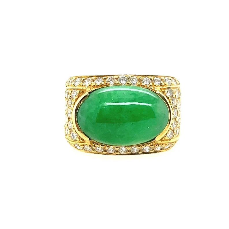 GIA Certified 12.51 Gram Natural Jadeite "A" Jade & Diamond Gold Ring Circa 1950