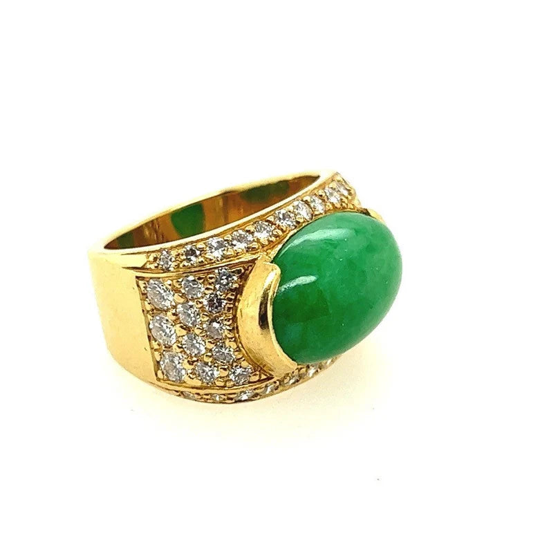 GIA Certified 12.51 Gram Natural Jadeite "A" Jade & Diamond Gold Ring Circa 1950