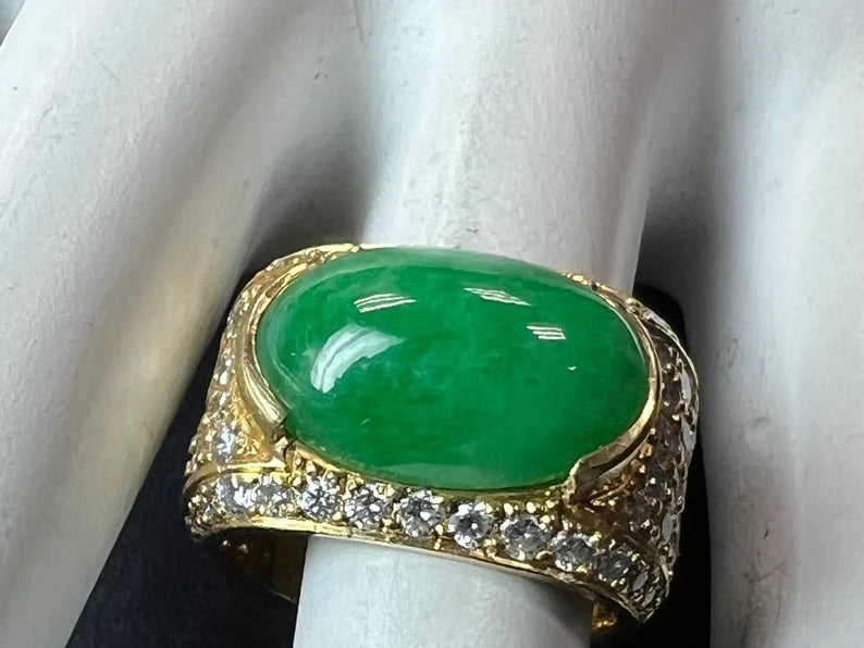 GIA Certified 12.51 Gram Natural Jadeite "A" Jade & Diamond Gold Ring Circa 1950