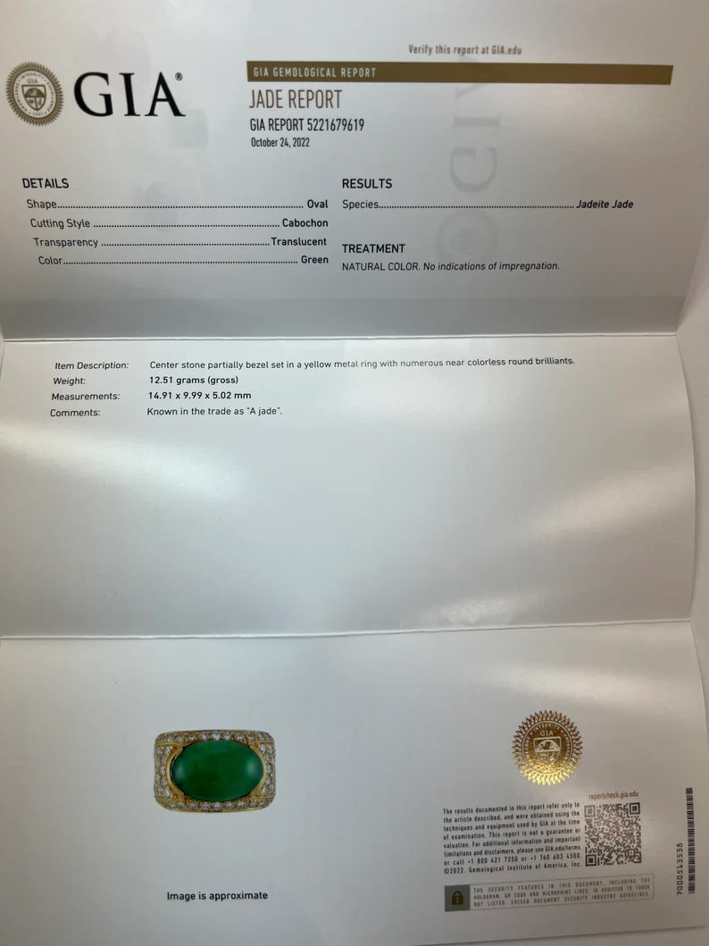 GIA Certified 12.51 Gram Natural Jadeite "A" Jade & Diamond Gold Ring Circa 1950