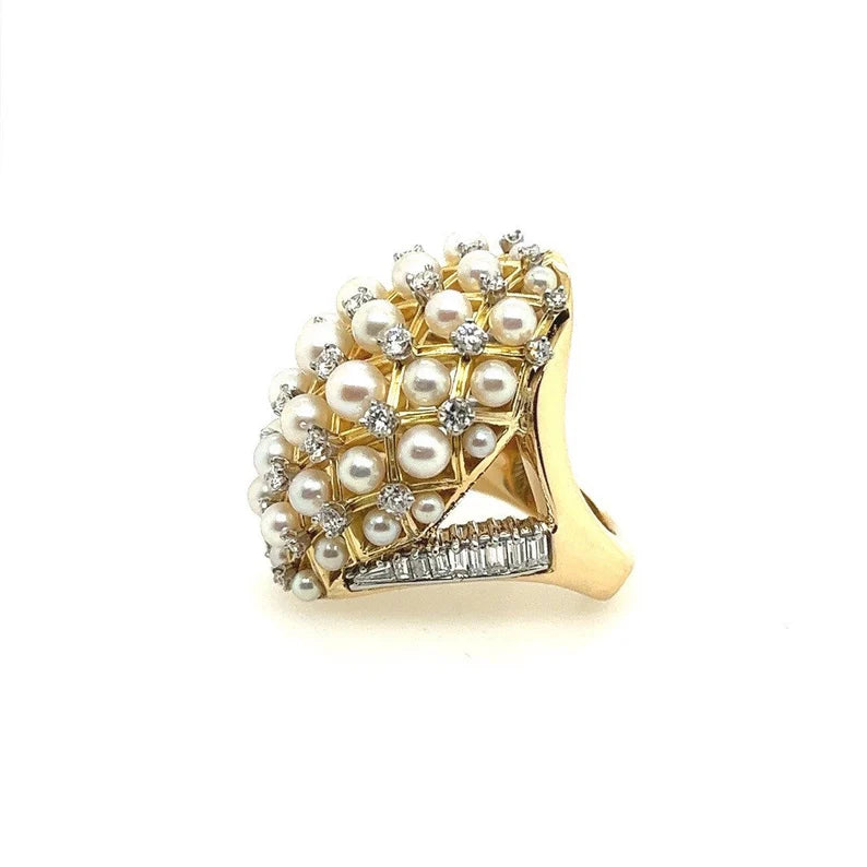 Retro Gold 2.52 Carat Natural Colorless Diamond & Pearl Cocktail Ring Circa 1960