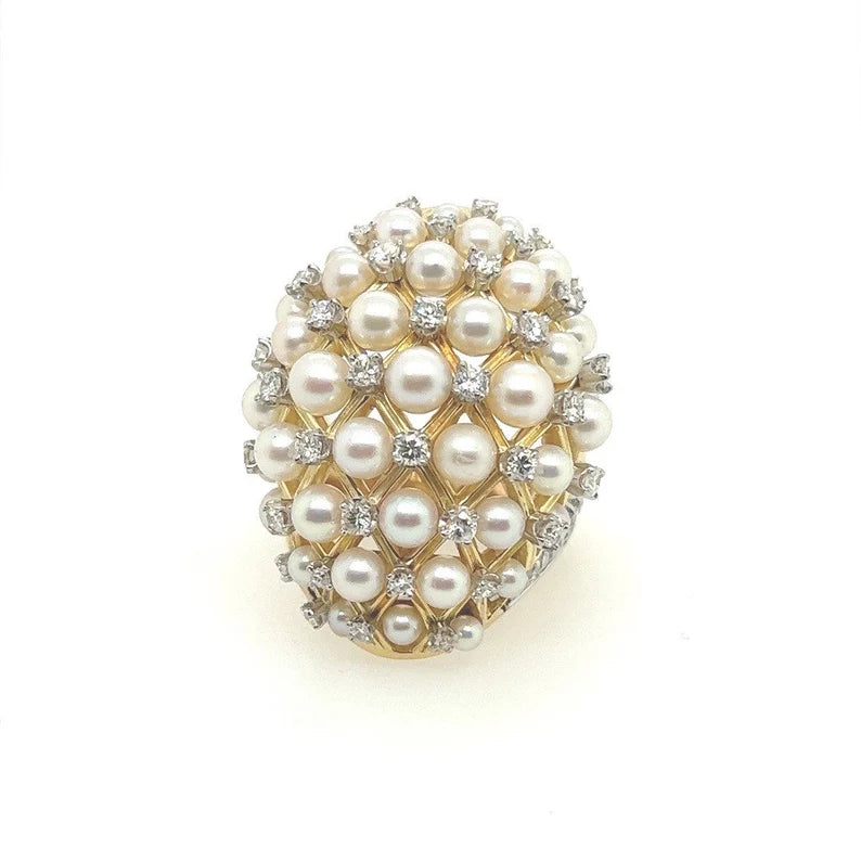 Retro Gold 2.52 Carat Natural Colorless Diamond & Pearl Cocktail Ring Circa 1960