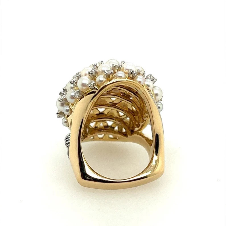 Retro Gold 2.52 Carat Natural Colorless Diamond & Pearl Cocktail Ring Circa 1960