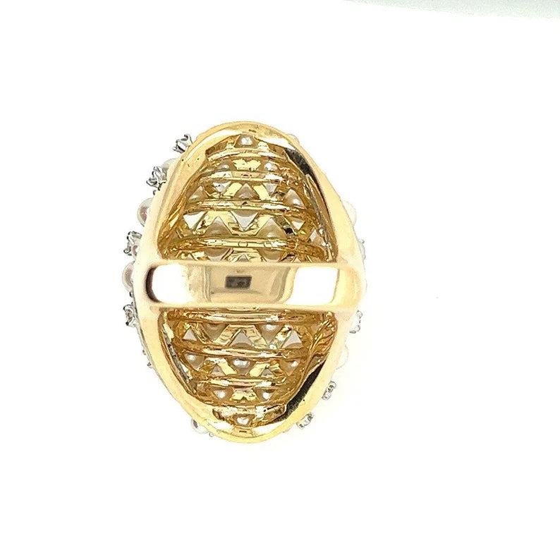 Retro Gold 2.52 Carat Natural Colorless Diamond & Pearl Cocktail Ring Circa 1960