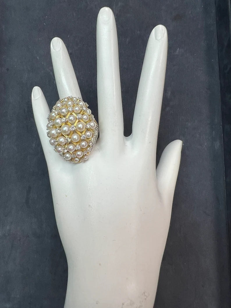 Retro Gold 2.52 Carat Natural Colorless Diamond & Pearl Cocktail Ring Circa 1960