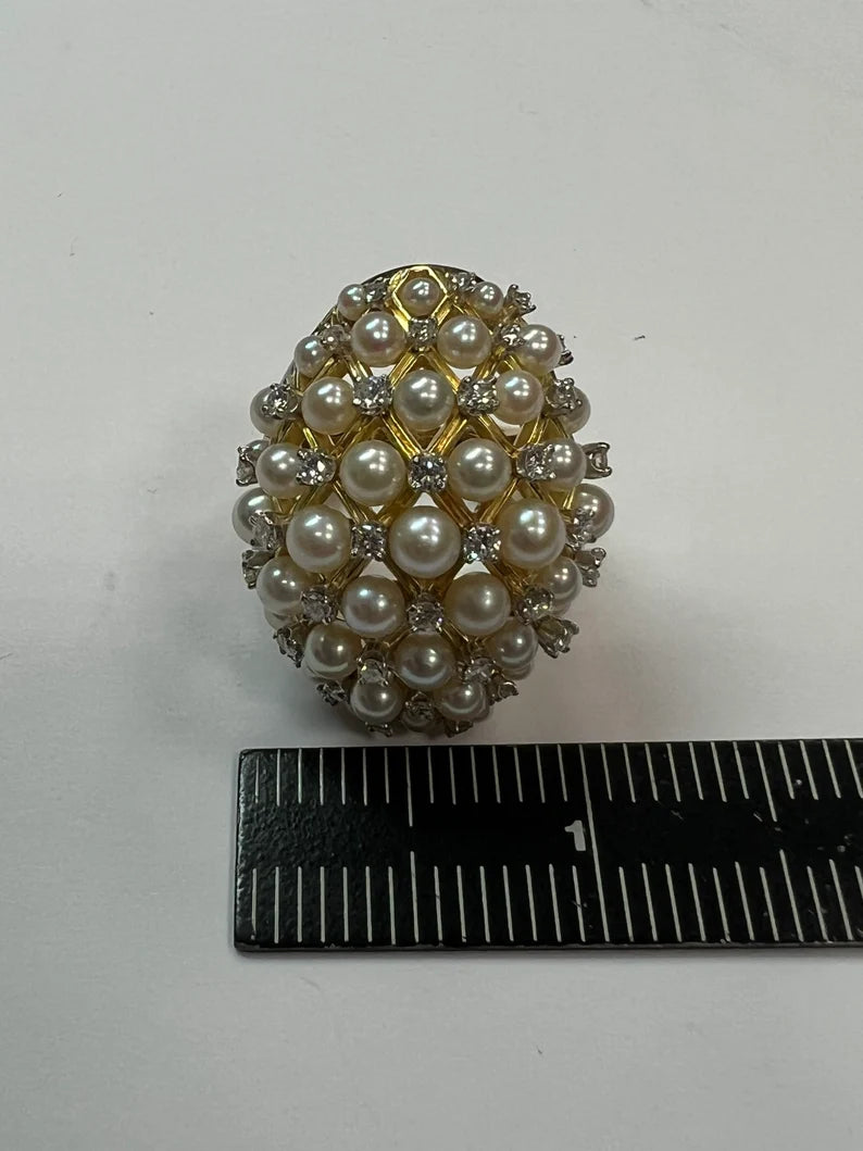 Retro Gold 2.52 Carat Natural Colorless Diamond & Pearl Cocktail Ring Circa 1960