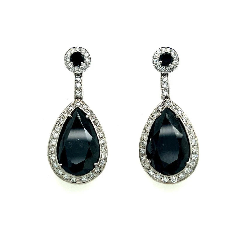 Modern Gold 23 Carat Natural Colorless and Black Pear Shaped Diamond Earrings