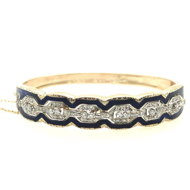 Retro Gold 0.75 Carat Natural Single Cut Diamond & Blue Enamel Bangle Circa 1960