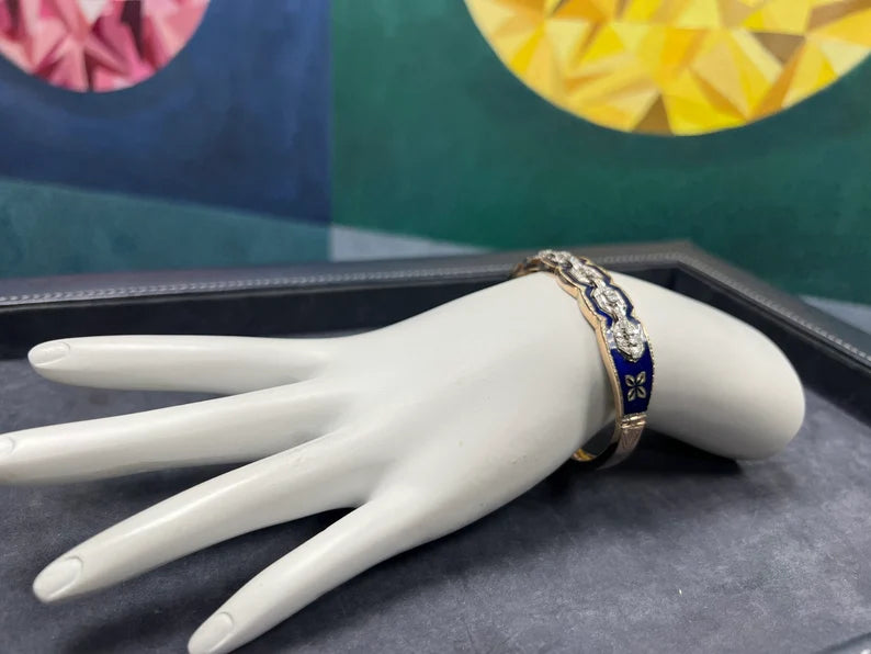 Retro Gold 0.75 Carat Natural Single Cut Diamond & Blue Enamel Bangle Circa 1960