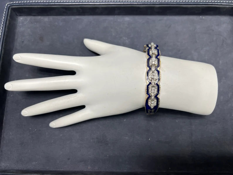 Retro Gold 0.75 Carat Natural Single Cut Diamond & Blue Enamel Bangle Circa 1960