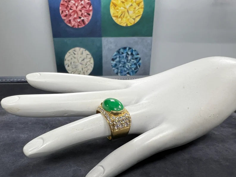 GIA Certified 12.51 Gram Natural Jadeite "A" Jade & Diamond Gold Ring Circa 1950