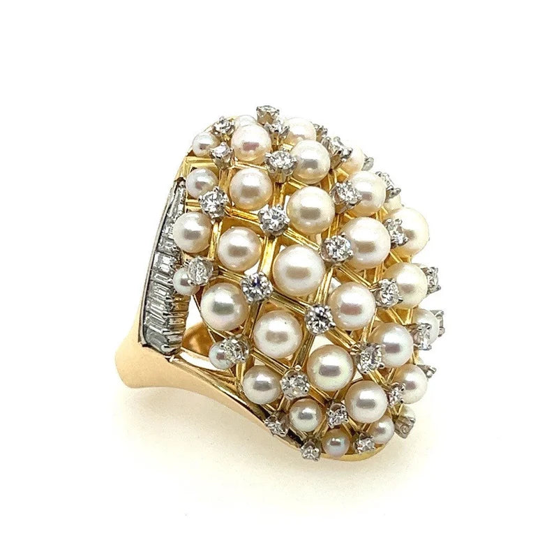 Retro Gold 2.52 Carat Natural Colorless Diamond & Pearl Cocktail Ring Circa 1960