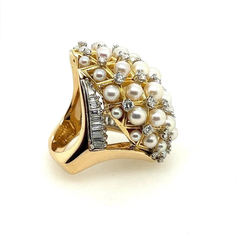 Retro Gold 2.52 Carat Natural Colorless Diamond & Pearl Cocktail Ring Circa 1960