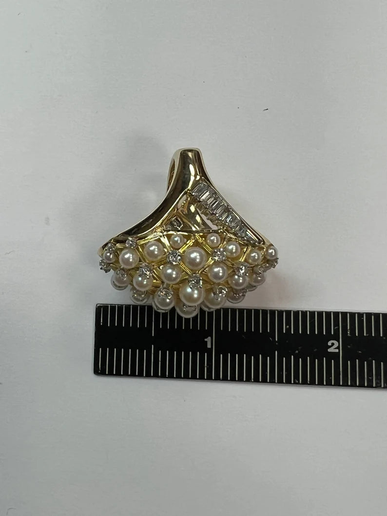 Retro Gold 2.52 Carat Natural Colorless Diamond & Pearl Cocktail Ring Circa 1960