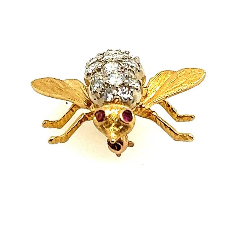 Retro Gold 0.75 Carat Natural Round Ruby & Diamond Bee Pin Brooche Circa 1950