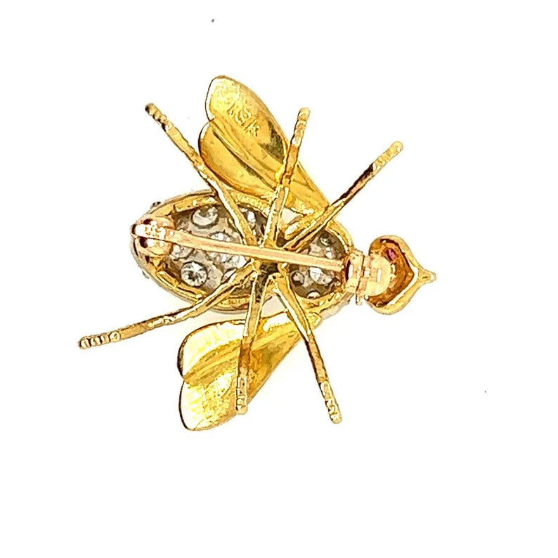 Retro Gold 0.75 Carat Natural Round Ruby & Diamond Bee Pin Brooche Circa 1950