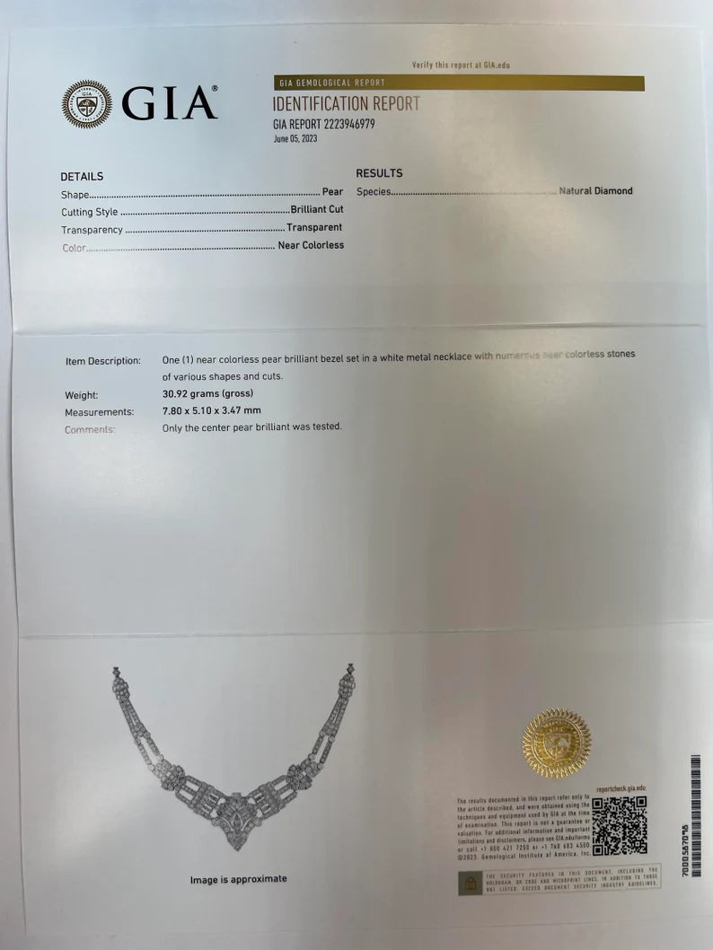 Retro Gold 8 Carat GIA Certified Natural RBC & Pear Diamond Necklace Circa 1970
