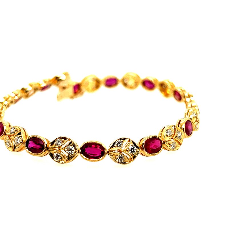 Retro Gold 5.46 Carat Natural Red Oval Ruby & Round Diamond Bracelet Circa 1980