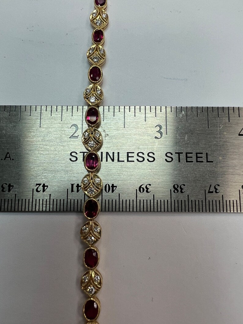 Retro Gold 5.46 Carat Natural Red Oval Ruby & Round Diamond Bracelet Circa 1980