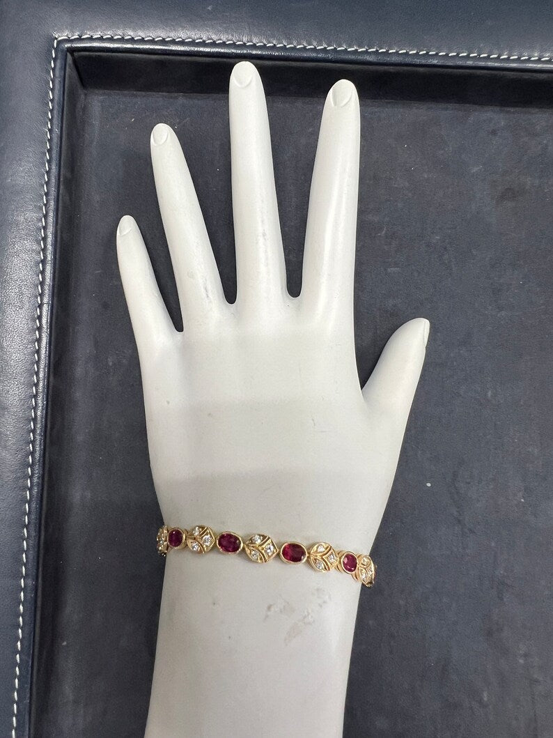 Retro Gold 5.46 Carat Natural Red Oval Ruby & Round Diamond Bracelet Circa 1980