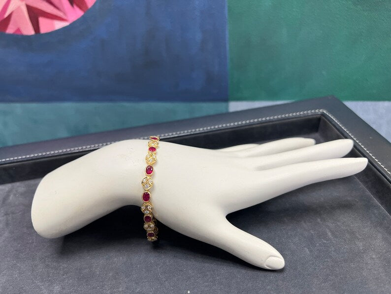 Retro Gold 5.46 Carat Natural Red Oval Ruby & Round Diamond Bracelet Circa 1980