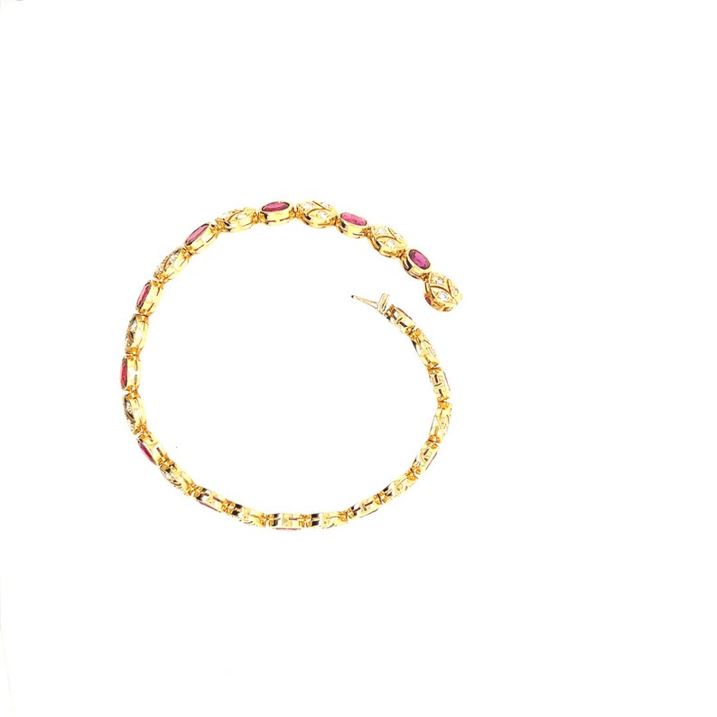 Retro Gold 5.46 Carat Natural Red Oval Ruby & Round Diamond Bracelet Circa 1980