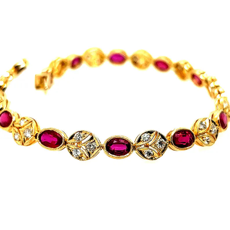 Retro Gold 5.46 Carat Natural Red Oval Ruby & Round Diamond Bracelet Circa 1980