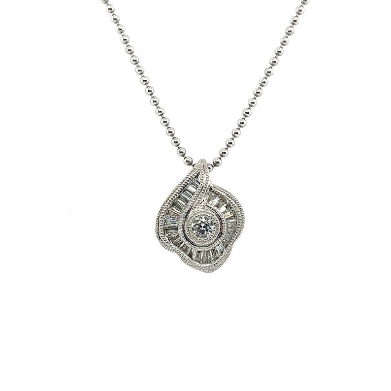 Modern Platinum 0.75 Carat Natural Round & Baguette Diamond Pendant Necklace