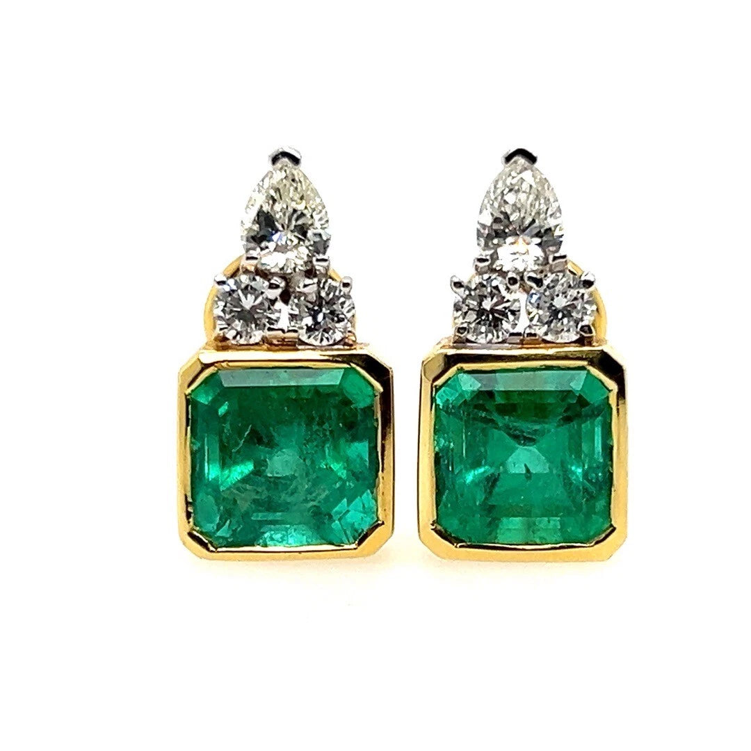 Retro Gold 7.25 Carats GIA Certified Natural Colombian Emerald Diamond Earrings