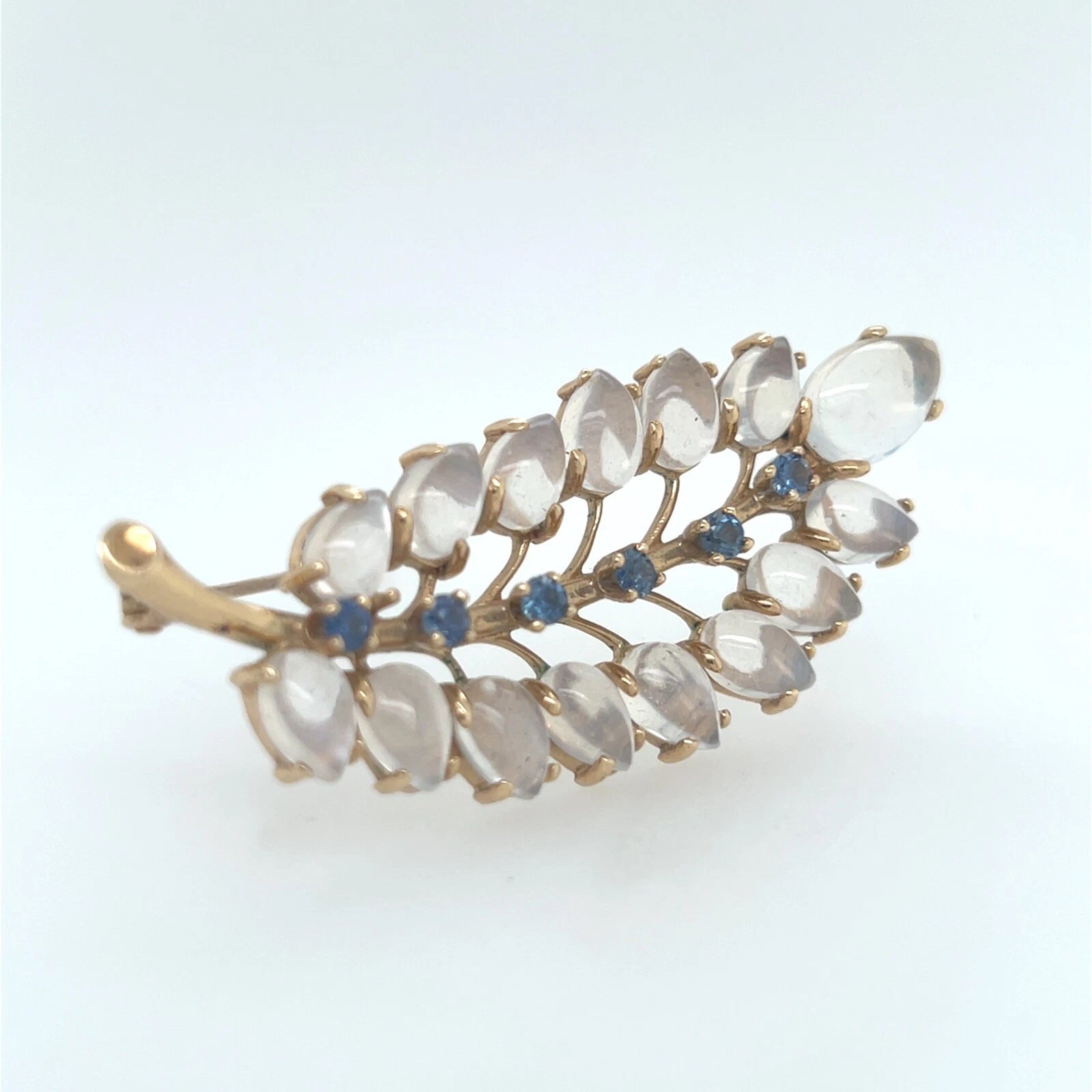 Retro Gold Sapphire and Rare Blue Cabochon Moonstone Leaf Shaped Pin Brooch 1970