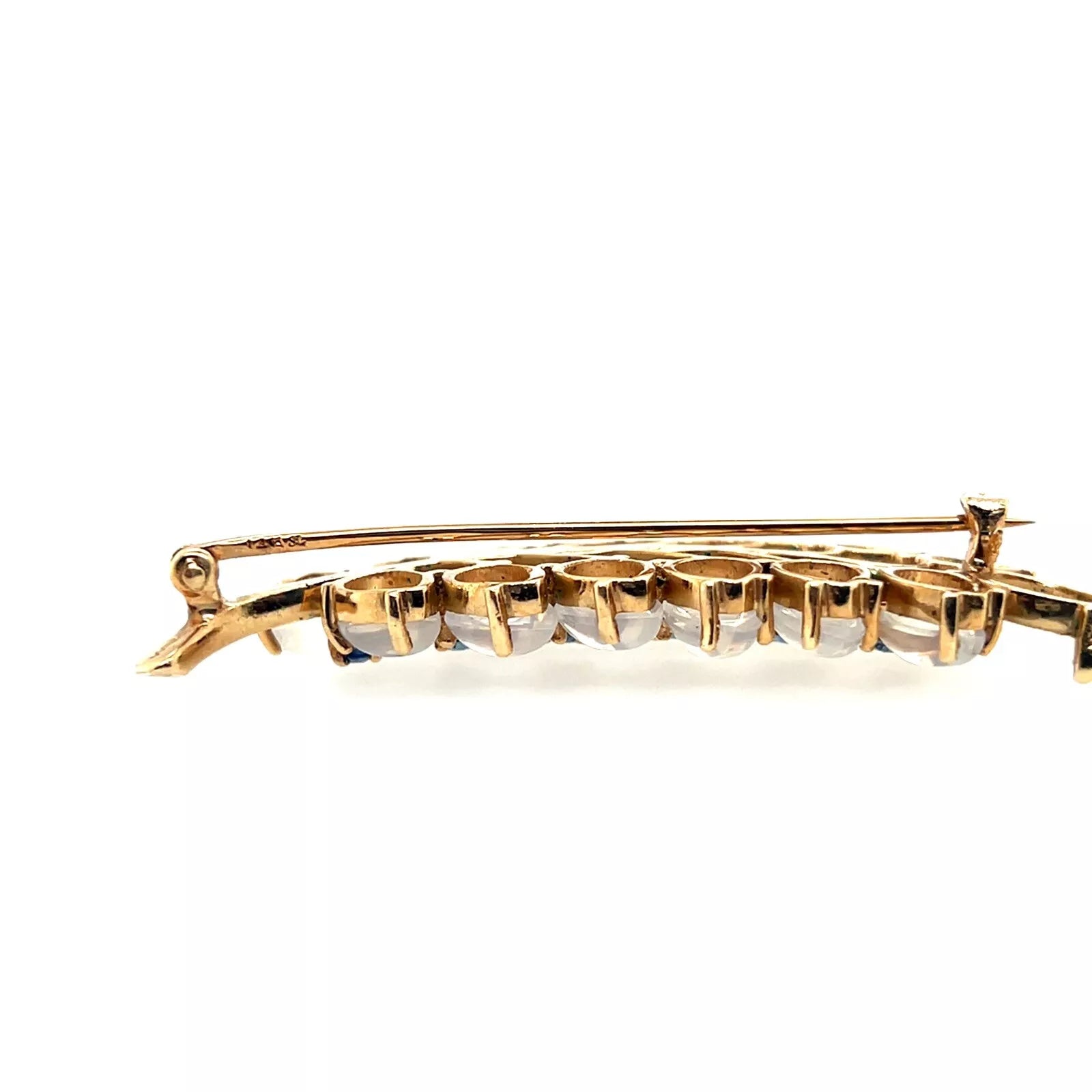 Retro Gold Sapphire and Rare Blue Cabochon Moonstone Leaf Shaped Pin Brooch 1970