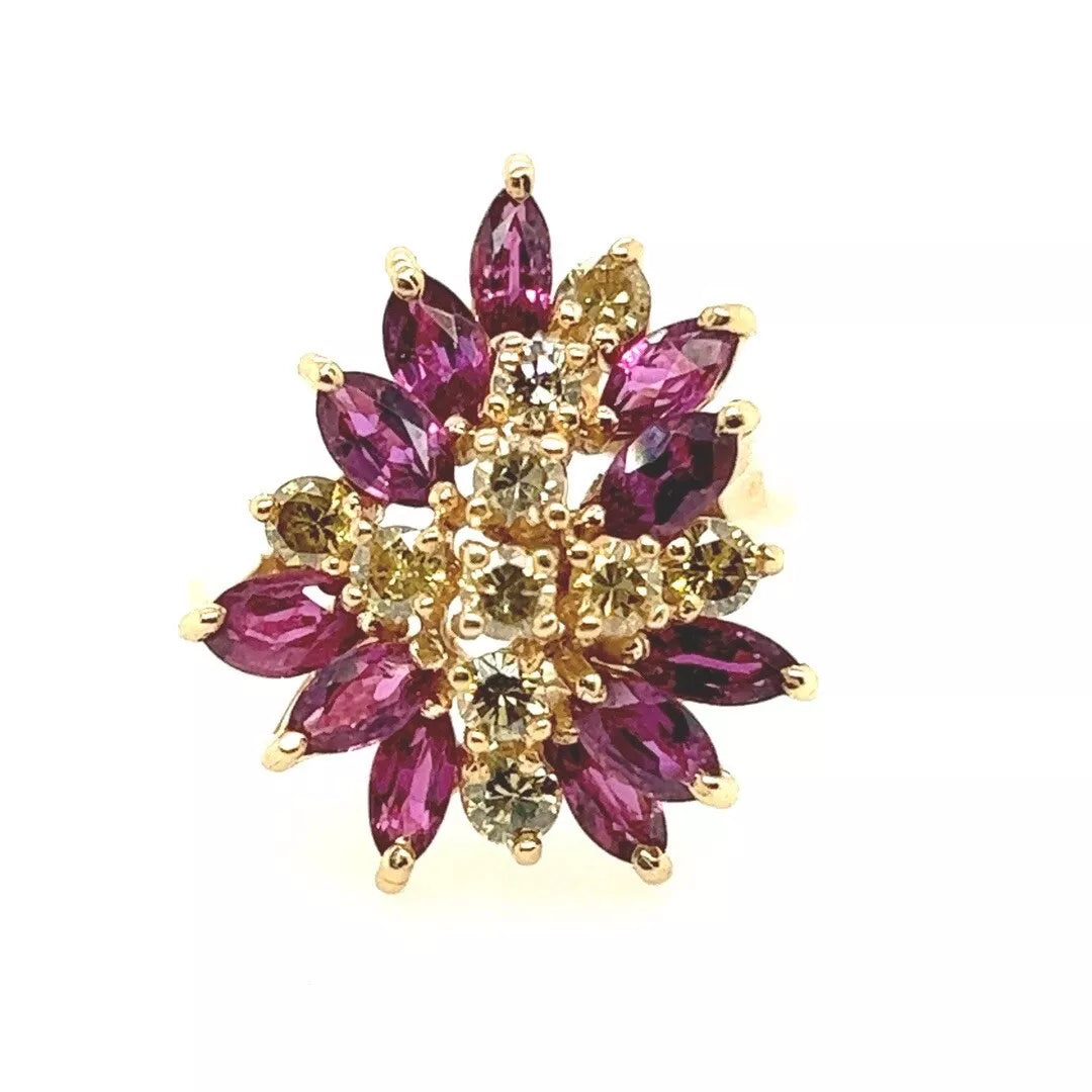 Retro Gold 2.45 Carat Natural Yellow Diamond & Red Ruby Cocktail Ring Circa 1950