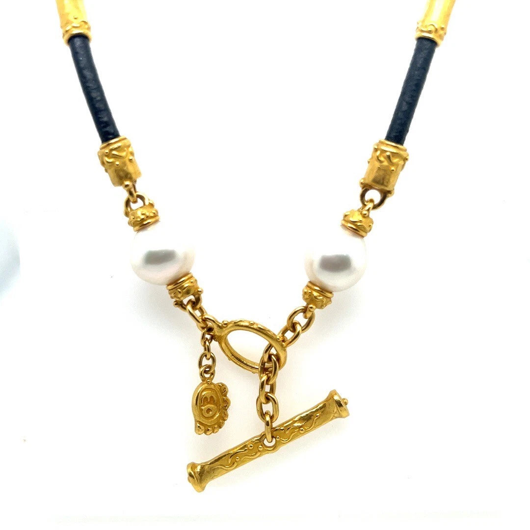 Retro Signed Denise Roberge 22k Gold Black Leather Pearl Toggle Clasp Necklace